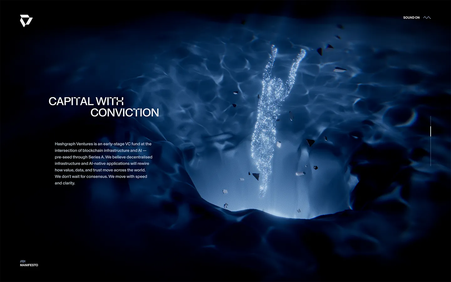 A website screen with a manifesto on top an underwater 3D scene